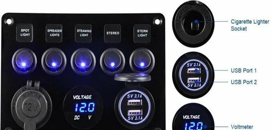 Merkloos Schakelpaneel Voor Auto, Boot Of Camper. Met Voltmeter, 12 V Sigaretten Aansteker Aansluiting, Dubbele USB Aansluiting En 8 Schakelaars Met Ledindicatie En Zekeringen. 4 Merkloos Schakelpaneel Voor Auto, Boot Of Camper. Met Voltmeter, 12 V Sigaretten Aansteker Aansluiting, Dubbele USB Aansluiting En 8 Schakelaars Met Ledindicatie En Zekeringen. - Image 2