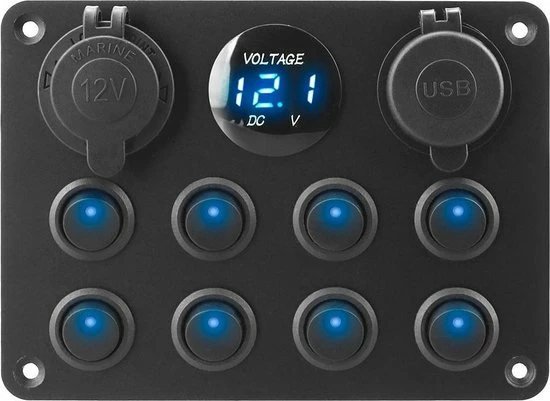 Merkloos Schakelpaneel Voor Auto, Boot Of Camper. Met Voltmeter, 12 V Sigaretten Aansteker Aansluiting, Dubbele USB Aansluiting En 8 Schakelaars Met Ledindicatie En Zekeringen. 3 Merkloos Schakelpaneel Voor Auto, Boot Of Camper. Met Voltmeter, 12 V Sigaretten Aansteker Aansluiting, Dubbele USB Aansluiting En 8 Schakelaars Met Ledindicatie En Zekeringen.