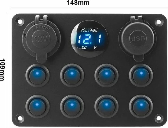 Merkloos Schakelpaneel Voor Auto, Boot Of Camper. Met Voltmeter, 12 V Sigaretten Aansteker Aansluiting, Dubbele USB Aansluiting En 8 Schakelaars Met Ledindicatie En Zekeringen. 7 Merkloos Schakelpaneel Voor Auto, Boot Of Camper. Met Voltmeter, 12 V Sigaretten Aansteker Aansluiting, Dubbele USB Aansluiting En 8 Schakelaars Met Ledindicatie En Zekeringen. - Image 5