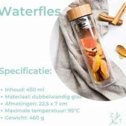 ZijTak - Dubbelwandige Drinkfles - Waterfles - Glas - Bamboe Deksel - Transparant - 450 Ml - Theefilter - Theefles - Filter - Glazen Fles -Alwero winkel 550x532 13