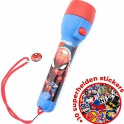 Kids Licensing Zaklamp Spiderman Voor Kinderen | Nachtlamp Spider-man LED + 10 Gratis Superhelden Stickers | Werkt Op 2 AA Batterijen | 16cm | FL02