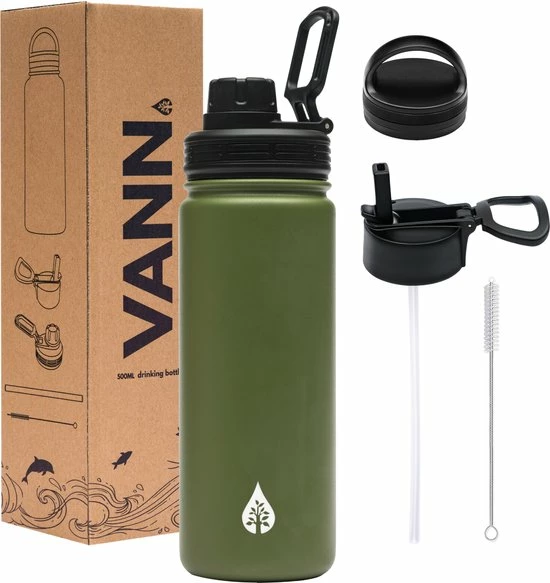 VANN Drinkfles 500 Ml Met Rietje Multifunctioneel - Waterfles Volwassenen - RVS Inclusief 3 Doppen - 24uur Koud/12 Uur Warm - Groen 5 VANN Drinkfles 500 Ml Met Rietje Multifunctioneel - Waterfles Volwassenen - RVS Inclusief 3 Doppen - 24uur Koud/12 Uur Warm - Groen - Image 3
