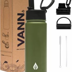 VANN Drinkfles 500 Ml Met Rietje Multifunctioneel - Waterfles Volwassenen - RVS Inclusief 3 Doppen - 24uur Koud/12 Uur Warm - Groen