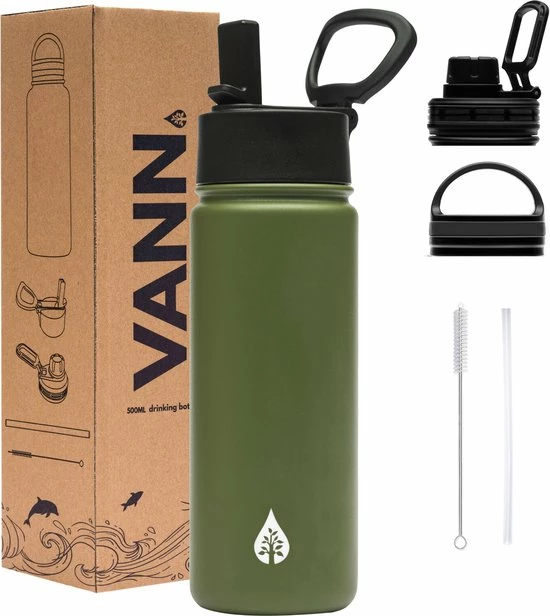 VANN Drinkfles 500 Ml Met Rietje Multifunctioneel - Waterfles Volwassenen - RVS Inclusief 3 Doppen - 24uur Koud/12 Uur Warm - Groen 3 VANN Drinkfles 500 Ml Met Rietje Multifunctioneel - Waterfles Volwassenen - RVS Inclusief 3 Doppen - 24uur Koud/12 Uur Warm - Groen