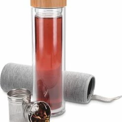 Navaris Glazen Theefles Met Filter - 500 Ml - Waterfles Van Glas - Dubbelwandige Drinkfles - Fles Met Bamboe Dop, Thee Infuser En Hoes