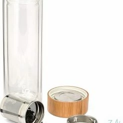 ZijTak - Dubbelwandige Drinkfles - Waterfles - Glas - Bamboe Deksel - Transparant - 450 Ml - Theefilter - Theefles - Filter - Glazen Fles -Alwero winkel 550x711 2